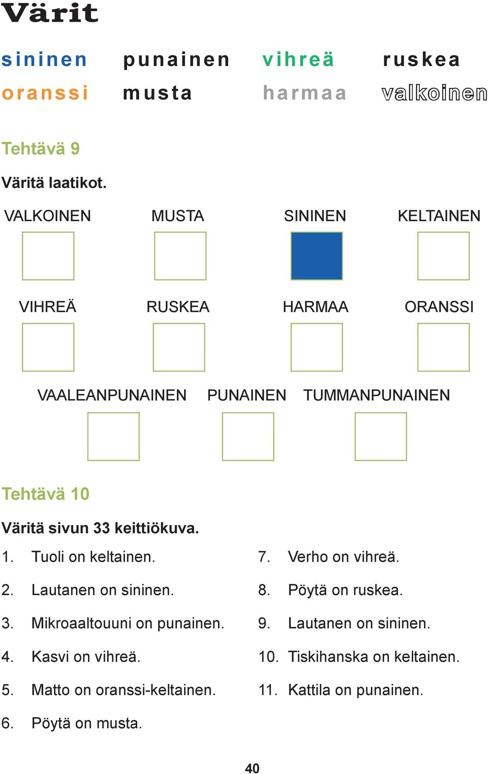 33 keittiökuva. 1. Tuoli on keltainen. 2. Lautanen on sininen. 3. Mikroaaltouuni on punainen. 4. Kasvi on vihreä. 5.