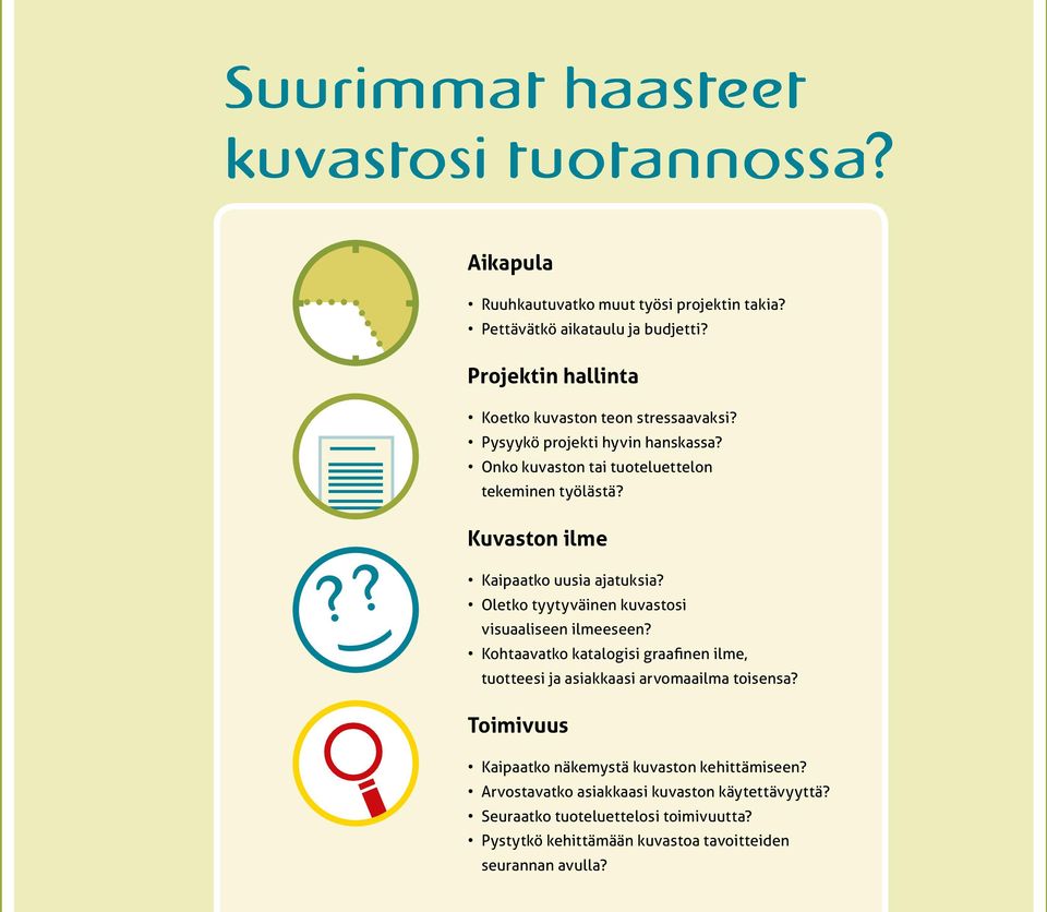 ?? ) Kuvaston ilme Kaipaatko uusia ajatuksia? Oletko tyytyväinen kuvastosi visuaaliseen ilmeeseen?