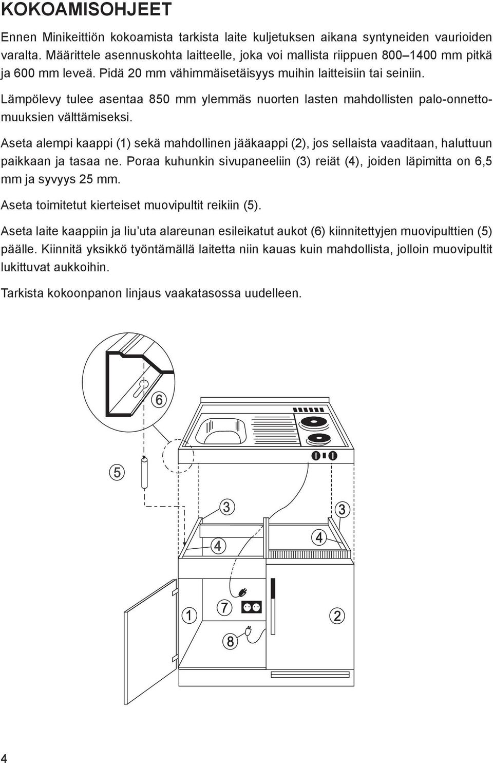 Lämpölevy tulee asentaa 850 mm ylemmäs nuorten lasten mahdollisten palo-onnettomuuksien välttämiseksi.