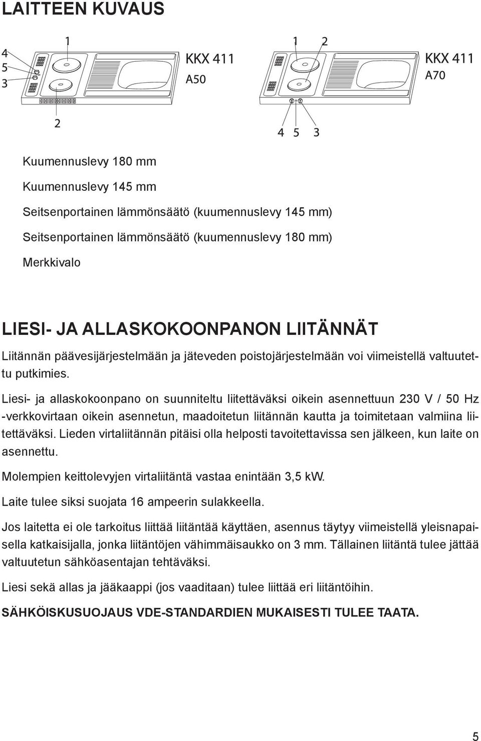 Liesi- ja allaskokoonpano on suunniteltu liitettäväksi oikein asennettuun 230 V / 50 Hz -verkkovirtaan oikein asennetun, maadoitetun liitännän kautta ja toimitetaan valmiina liitettäväksi.