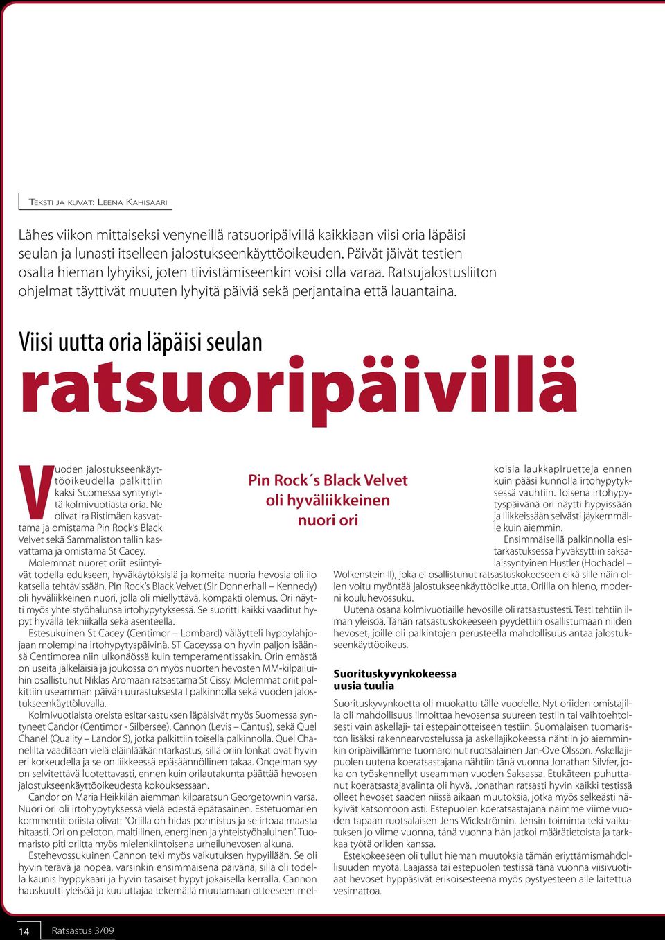 Viisi uutta oria läpäisi seulan ratsuoripäivillä Pin Rock s Black Velvet oli hyväliikkeinen nuori ori Vuoden jalostukseenkäyttöoikeudella palkittiin kaksi Suomessa syntynyttä kolmivuotiasta oria.