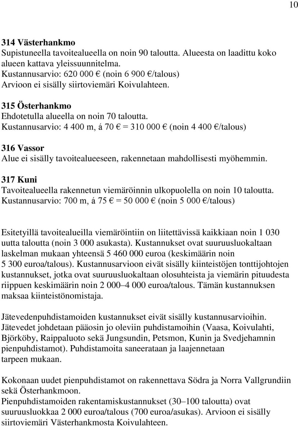 Kustannusarvio: 4 400 m, á 70 = 310 000 (noin 4 400 /talous) 316 Vassor Alue ei sisälly tavoitealueeseen, rakennetaan mahdollisesti myöhemmin.