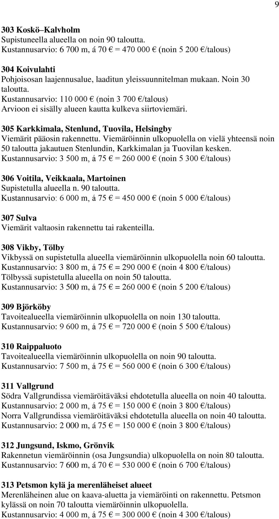 Kustannusarvio: 110 000 (noin 3 700 /talous) Arvioon ei sisälly alueen kautta kulkeva siirtoviemäri. 305 Karkkimala, Stenlund, Tuovila, Helsingby Viemärit pääosin rakennettu.