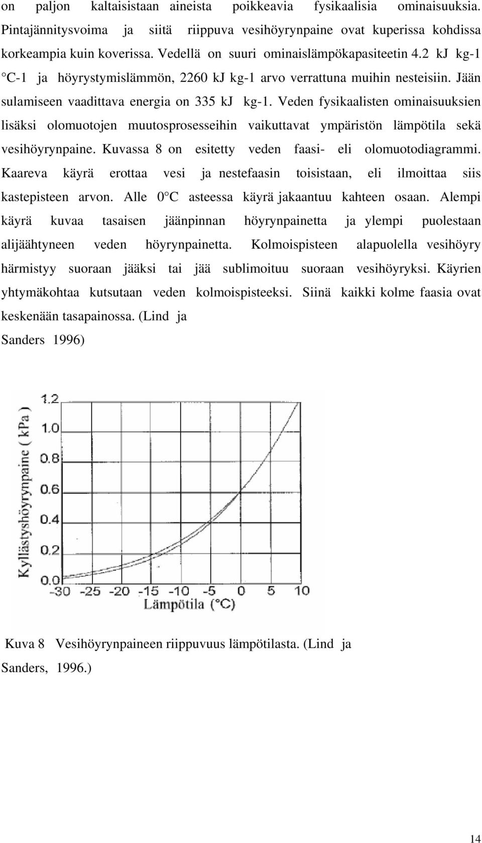 Veden fysikaalisten ominaisuuksien lisäksi olomuotojen muutosprosesseihin vaikuttavat ympäristön lämpötila sekä vesihöyrynpaine. Kuvassa 8 on esitetty veden faasi- eli olomuotodiagrammi.