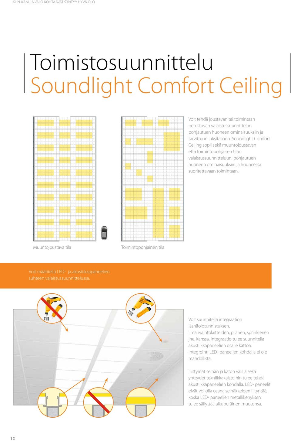Muuntojoustava tila Toimintopohjainen tila Voit määritellä LED- ja akustiikkapaneelien suhteen valaistussuunnittelussa.