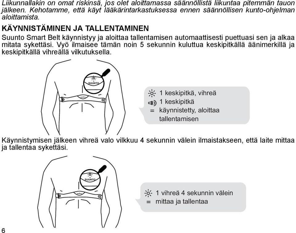 KÄYNNISTÄMINEN JA TALLENTAMINEN Suunto Smart Belt käynnistyy ja aloittaa tallentamisen automaattisesti puettuasi sen ja alkaa mitata sykettäsi.