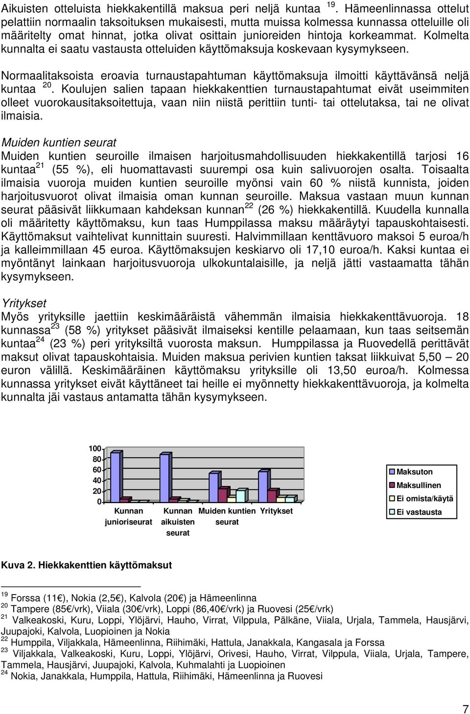 Kolmelta kunnalta ei saatu vastausta otteluiden käyttömaksuja koskevaan kysymykseen. Normaalitaksoista eroavia turnaustapahtuman käyttömaksuja ilmoitti käyttävänsä neljä kuntaa 20.