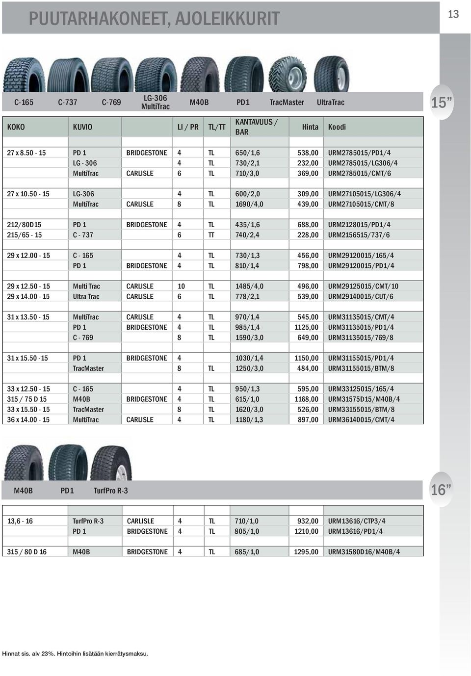 50-15 4 TL 600/2,0 309,00 URM27105015/LG306/4 CARLISLE 8 TL 1690/4,0 439,00 URM27105015/CMT/8 212/80D15 PD 1 BRIDGESTONE 4 TL 435/1,6 688,00 URM2128015/PD1/4 215/65-15 C - 737 6 TT 740/2,4 228,00