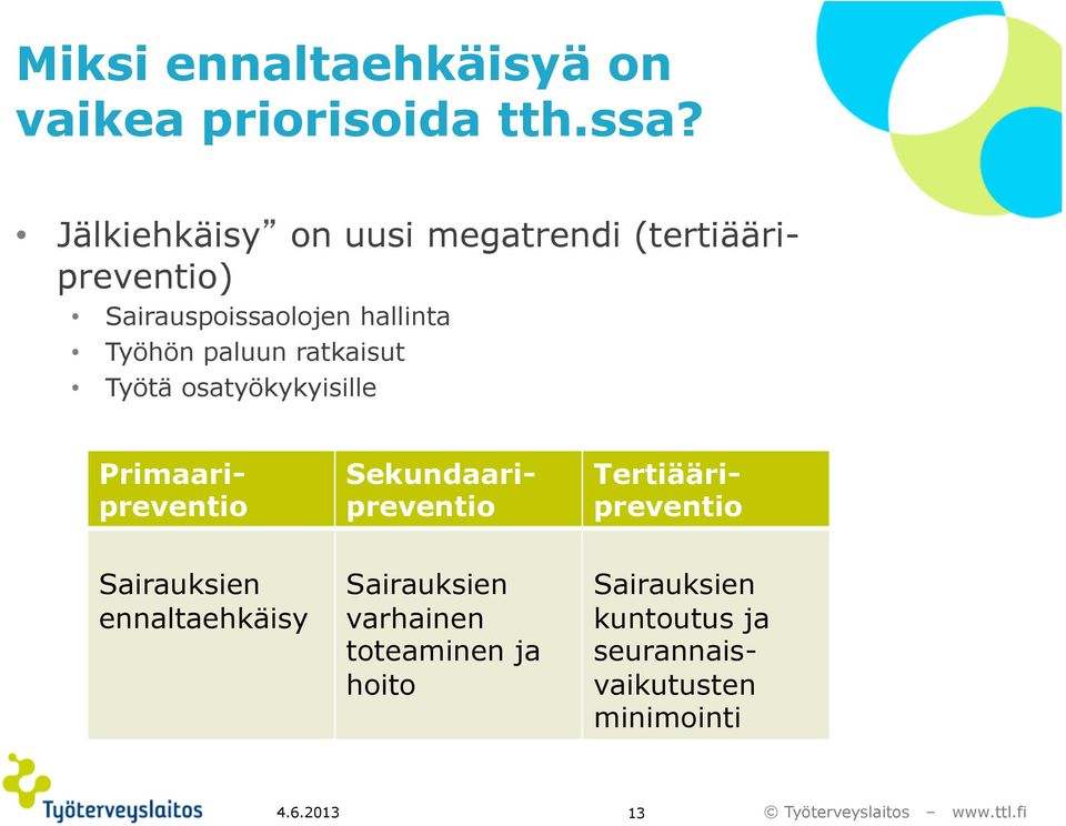 paluun ratkaisut Työtä osatyökykyisille Primaaripreventio Sekundaaripreventio