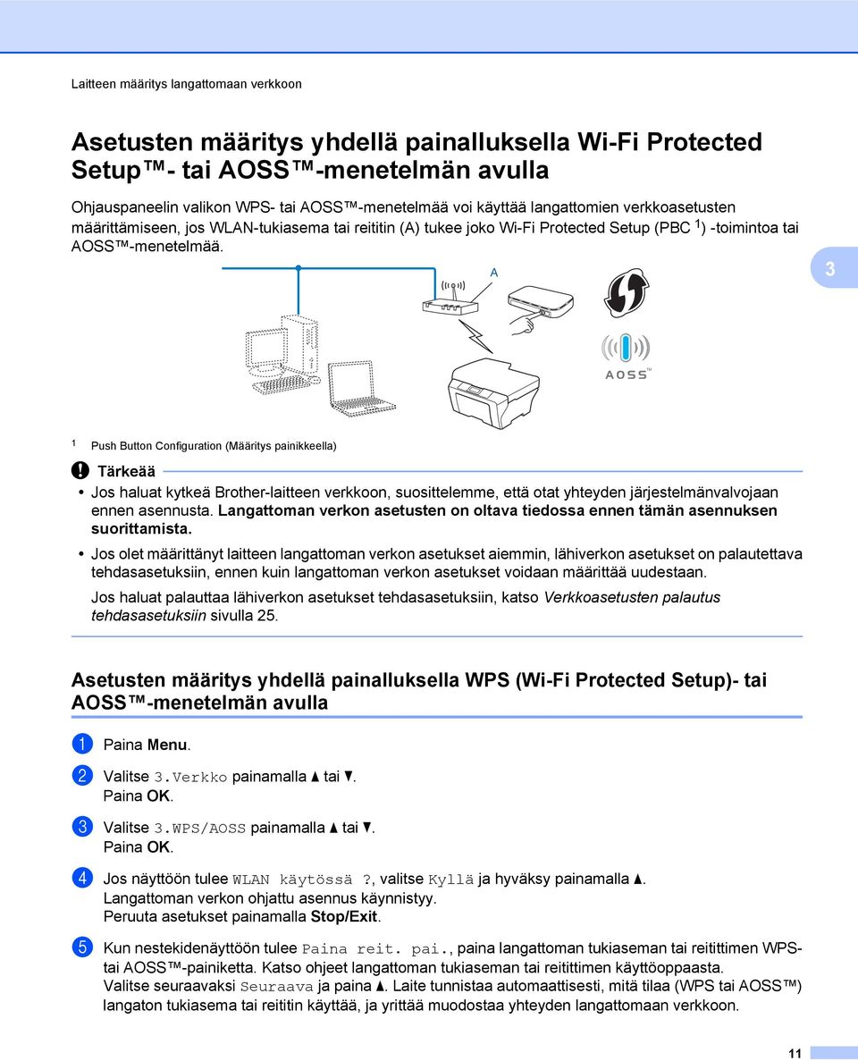 A 3 1 Push Button Configuration (Määritys painikkeella) Tärkeää Jos haluat kytkeä Brother-laitteen verkkoon, suosittelemme, että otat yhteyden järjestelmänvalvojaan ennen asennusta.