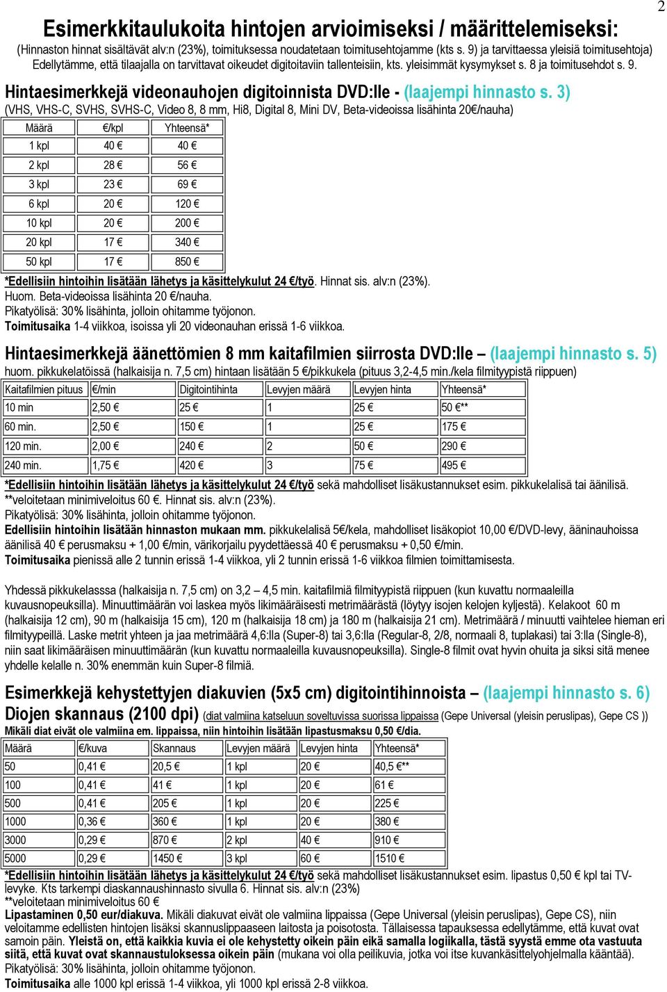 340 50 kpl 17 850 *Edellisiin hintoihin lisätään lähetys ja käsittelykulut 24 /työ. Hinnat sis. alv:n (23%). Huom. Beta-videoissa lisähinta 20 /nauha.