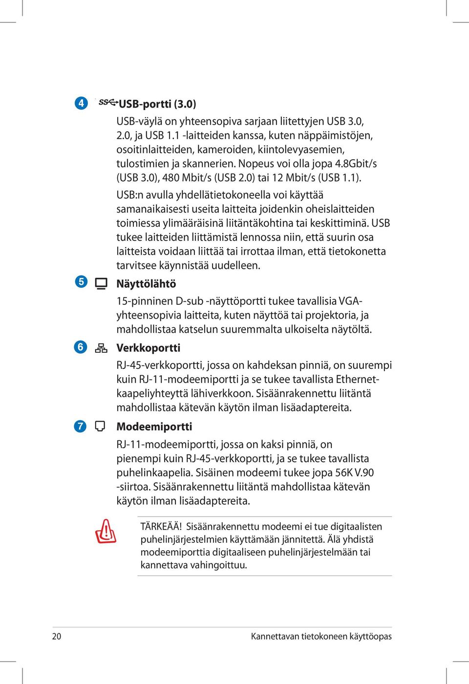 0) tai 12 Mbit/s (USB 1.1). USB:n avulla yhdellätietokoneella voi käyttää samanaikaisesti useita laitteita joidenkin oheislaitteiden toimiessa ylimääräisinä liitäntäkohtina tai keskittiminä.