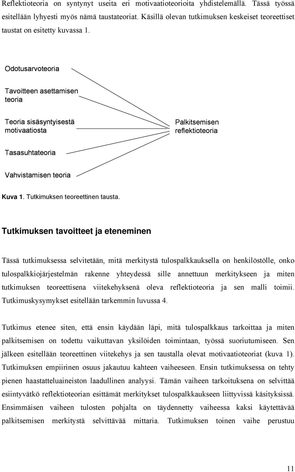 Odotusarvoteoria Tavoitteen asettamisen teoria Teoria sisäsyntyisestä motivaatiosta Palkitsemisen reflektioteoria Tasasuhtateoria Vahvistamisen teoria Kuva 1. Tutkimuksen teoreettinen tausta.