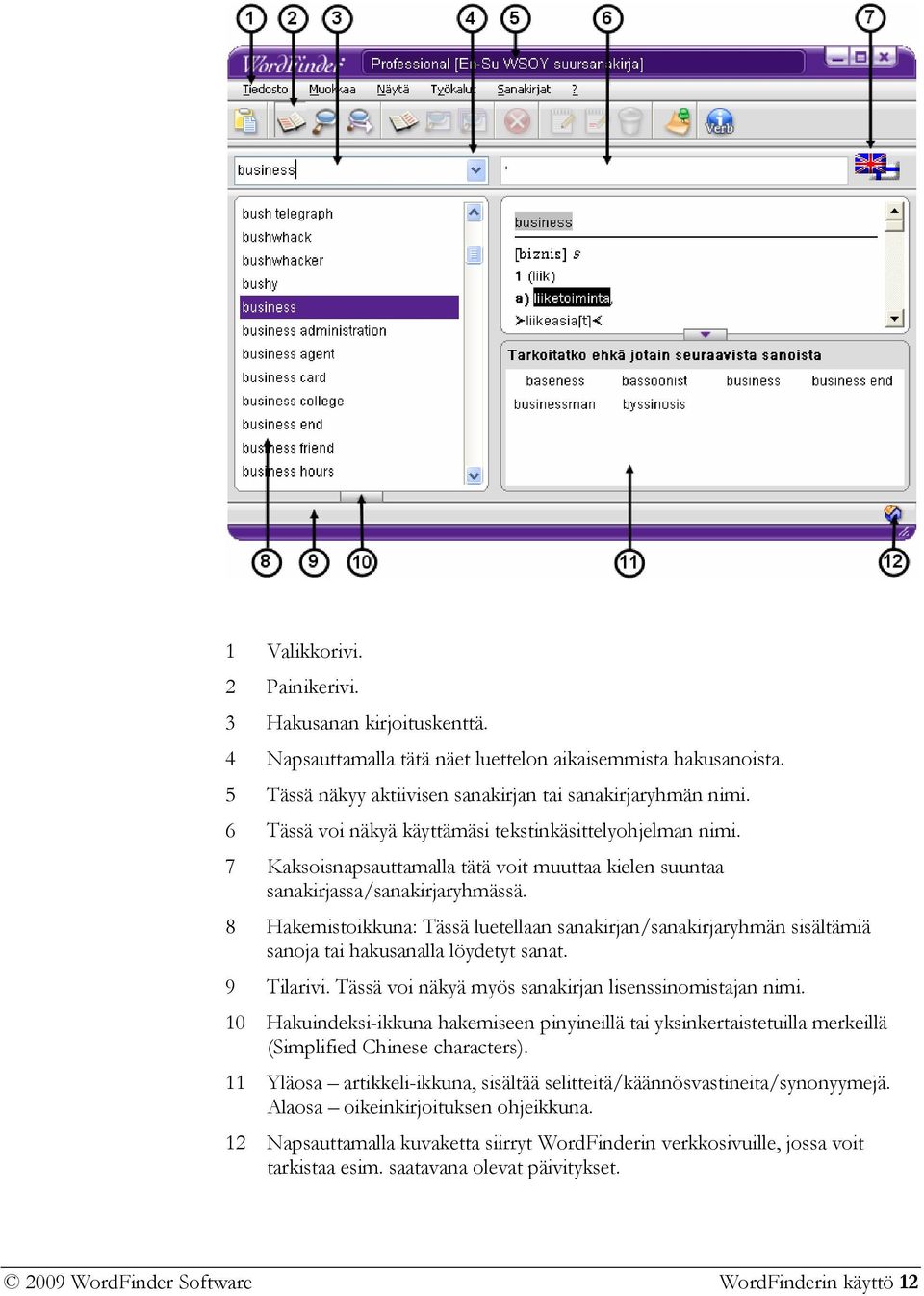 8 Hakemistoikkuna: Tässä luetellaan sanakirjan/sanakirjaryhmän sisältämiä sanoja tai hakusanalla löydetyt sanat. 9 Tilarivi. Tässä voi näkyä myös sanakirjan lisenssinomistajan nimi.