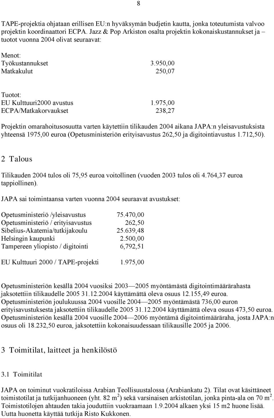 975,00 ECPA/Matkakorvaukset 238,27 Projektin omarahoitusosuutta varten käytettiin tilikauden 2004 aikana JAPA:n yleisavustuksista yhteensä 1975,00 euroa (Opetusministeriön erityisavustus 262,50 ja