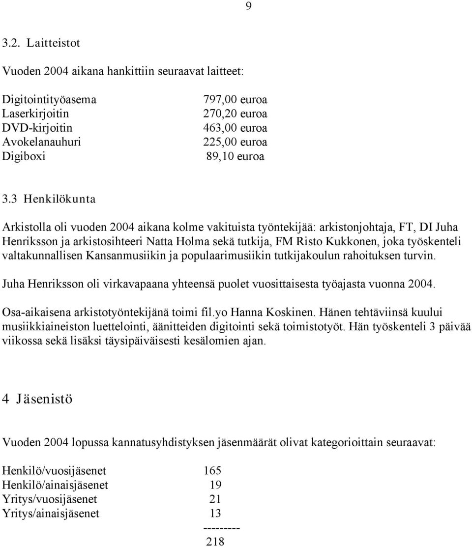 3 Henkilökunta Arkistolla oli vuoden 2004 aikana kolme vakituista työntekijää: arkistonjohtaja, FT, DI Juha Henriksson ja arkistosihteeri Natta Holma sekä tutkija, FM Risto Kukkonen, joka työskenteli