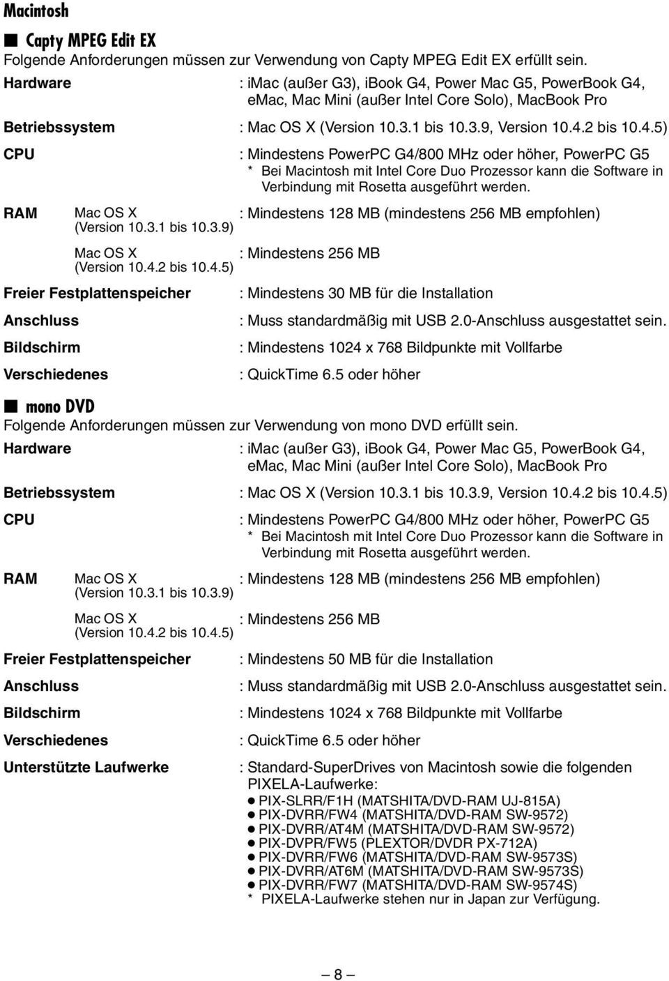 Power Mac G5, PowerBook G4, emac, Mac Mini (außer Intel Core Solo), MacBook Pro Betriebssystem : Mac OS X (Version 10.3.1 bis 10.3.9, Version 10.4.2 bis 10.4.5) CPU RAM : Mindestens PowerPC G4/800 MHz oder höher, PowerPC G5 * Bei Macintosh mit Intel Core Duo Prozessor kann die Software in Verbindung mit Rosetta ausgeführt werden.