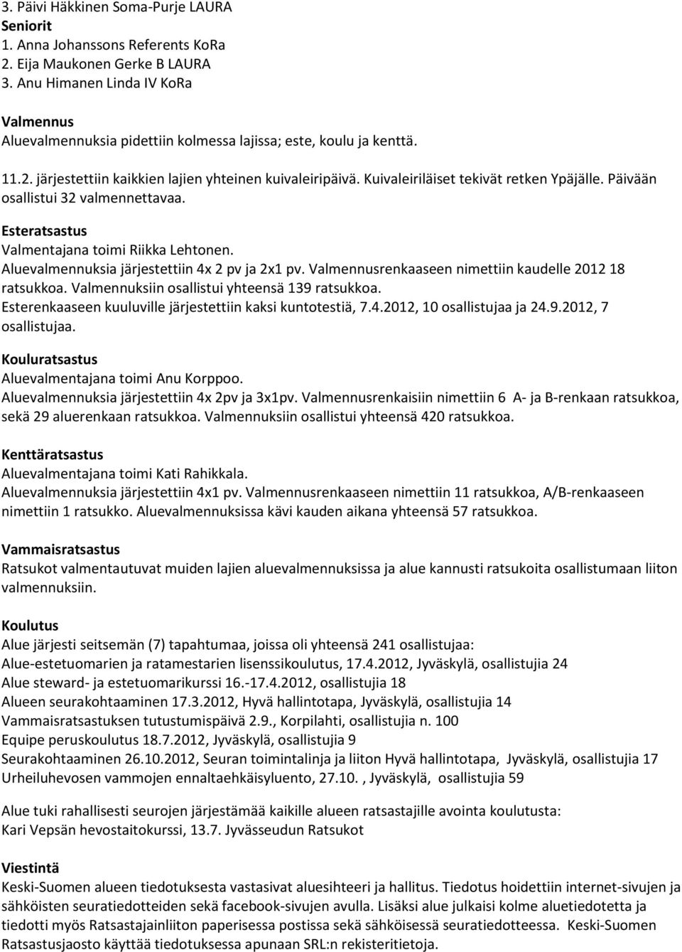 Kuivaleiriläiset tekivät retken Ypäjälle. Päivään osallistui 32 valmennettavaa. Esteratsastus Valmentajana toimi Riikka Lehtonen. Aluevalmennuksia järjestettiin 4x 2 pv ja 2x1 pv.