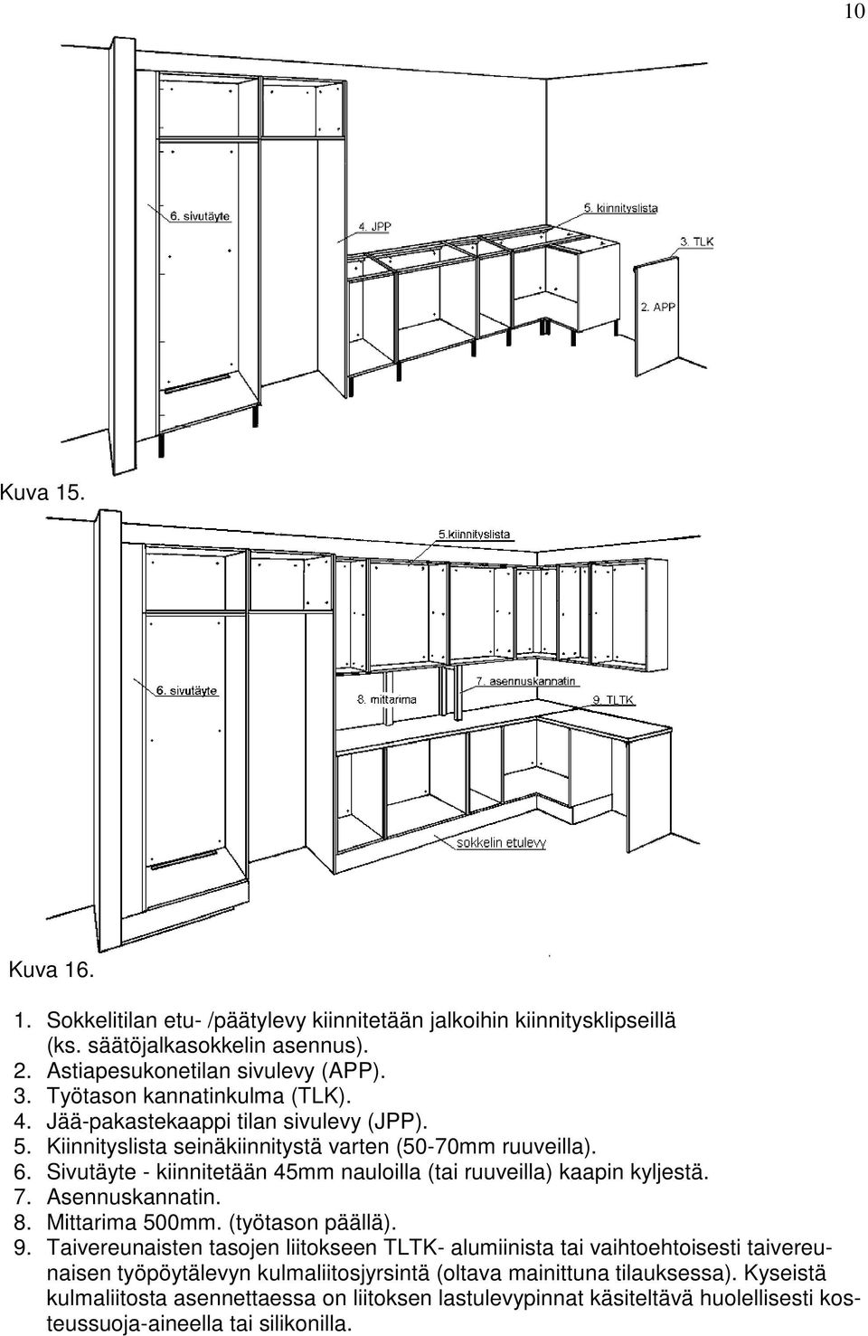 Sivutäyte - kiinnitetään 45mm nauloilla (tai ruuveilla) kaapin kyljestä. 7. Asennuskannatin. 8. Mittarima 500mm. (työtason päällä). 9.