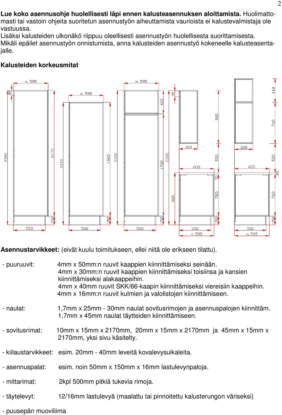 Kalusteiden korkeusmitat 2 Asennustarvikkeet: (eivät kuulu toimitukseen, ellei niitä ole erikseen tilattu). - puuruuvit: 4mm x 50mm:n ruuvit kaappien kiinnittämiseksi seinään.