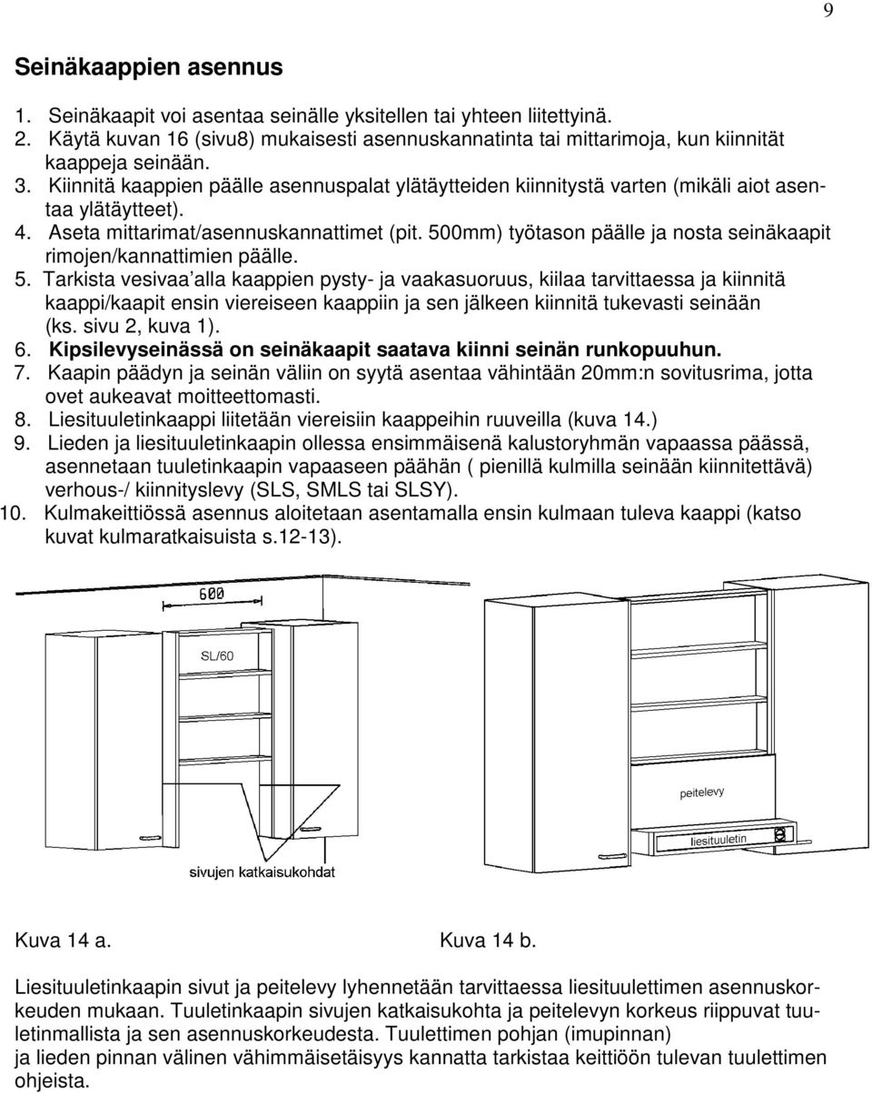 500mm) työtason päälle ja nosta seinäkaapit rimojen/kannattimien päälle. 5.