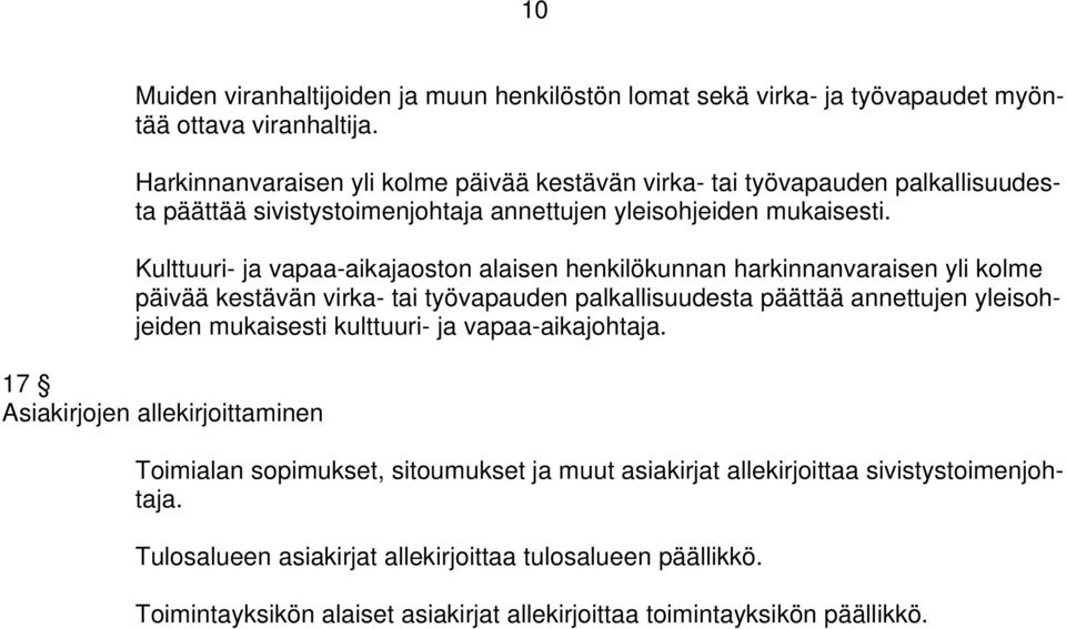 Kulttuuri- ja vapaa-aikajaoston alaisen henkilökunnan harkinnanvaraisen yli kolme päivää kestävän virka- tai työvapauden palkallisuudesta päättää annettujen yleisohjeiden mukaisesti