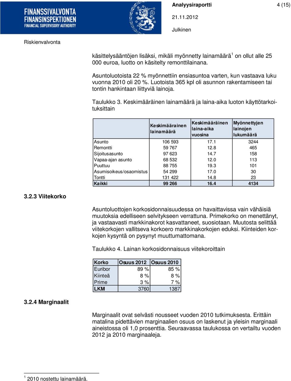 Keskimääräinen lainamäärä ja laina-aika luoton käyttötarkoituksittain Keskimäärainen lainamäärä Keskimääräinen laina-aika vuosina Myönnettyjen lainojen lukumäärä Asunto 106 593 17.