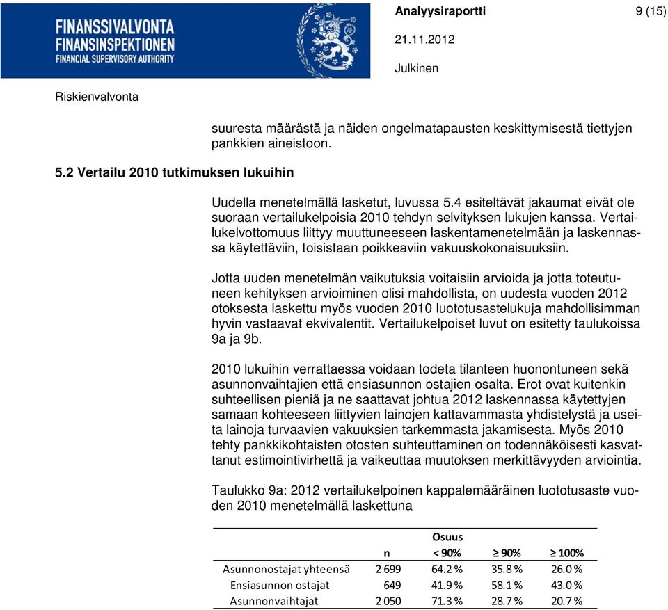 Vertailukelvottomuus liittyy muuttuneeseen laskentamenetelmään ja laskennassa käytettäviin, toisistaan poikkeaviin vakuuskokonaisuuksiin.