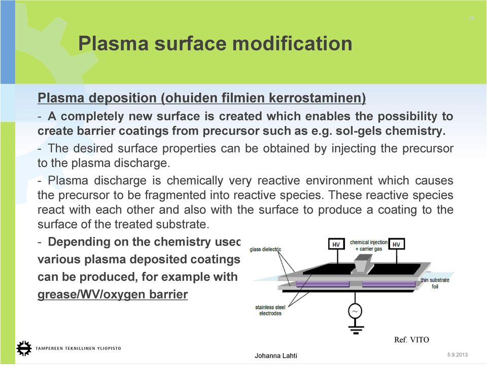 - Plasma discharge is chemically very reactive environment which causes the precursor to be fragmented into reactive species.