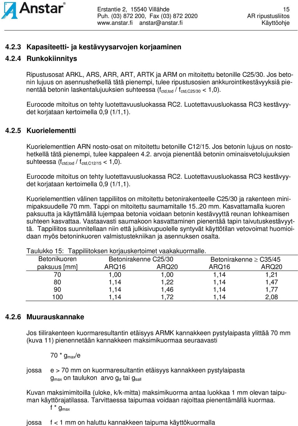 Eurocode mitoitus on tehty luotettavuusluokassa RC2. Luotettavuusluokassa RC3 kestävyydet korjataan kertoimella 0,9 (1/1,1). 4.2.5 Kuorielementti Kuorielementtien RN nosto-osat on mitoitettu betonille C12/15.