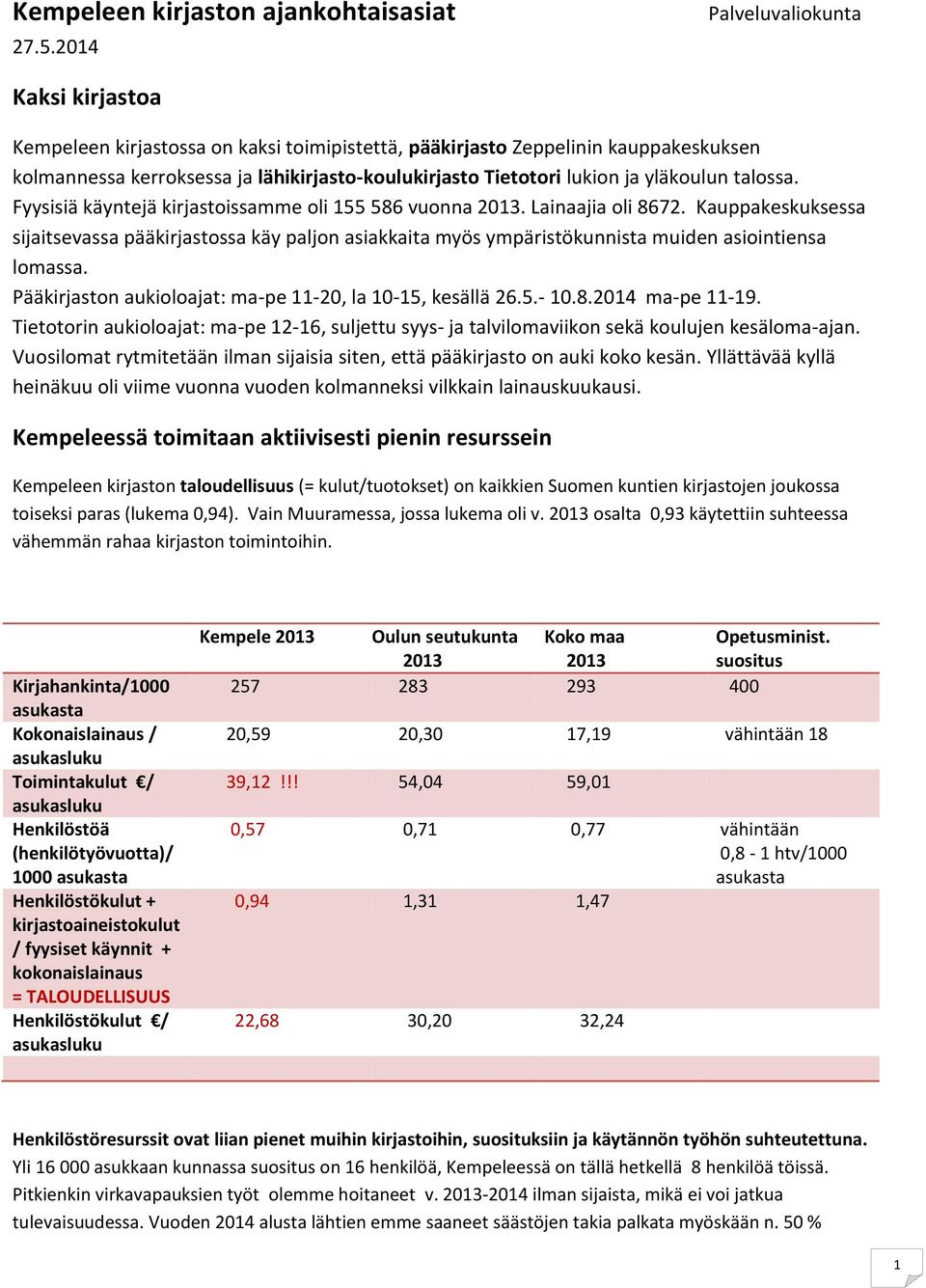 yläkoulun talossa. Fyysisiä käyntejä kirjastoissamme oli 155 586 vuonna 2013. Lainaajia oli 8672.