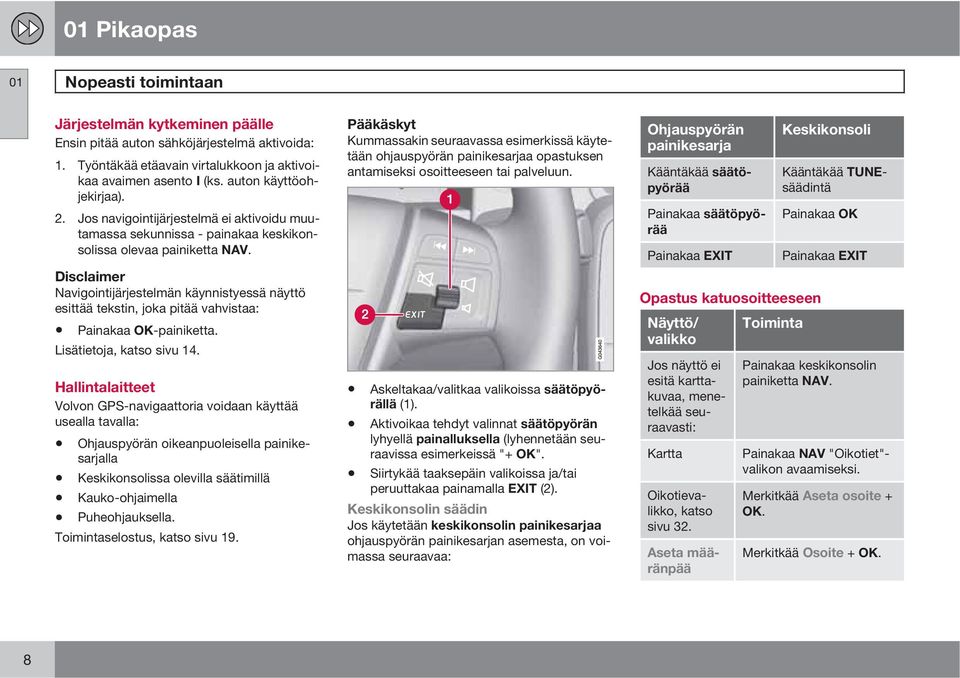 Disclaimer Navigointijärjestelmän käynnistyessä näyttö esittää tekstin, joka pitää vahvistaa: Painakaa OK-painiketta. Lisätietoja, katso sivu 14.