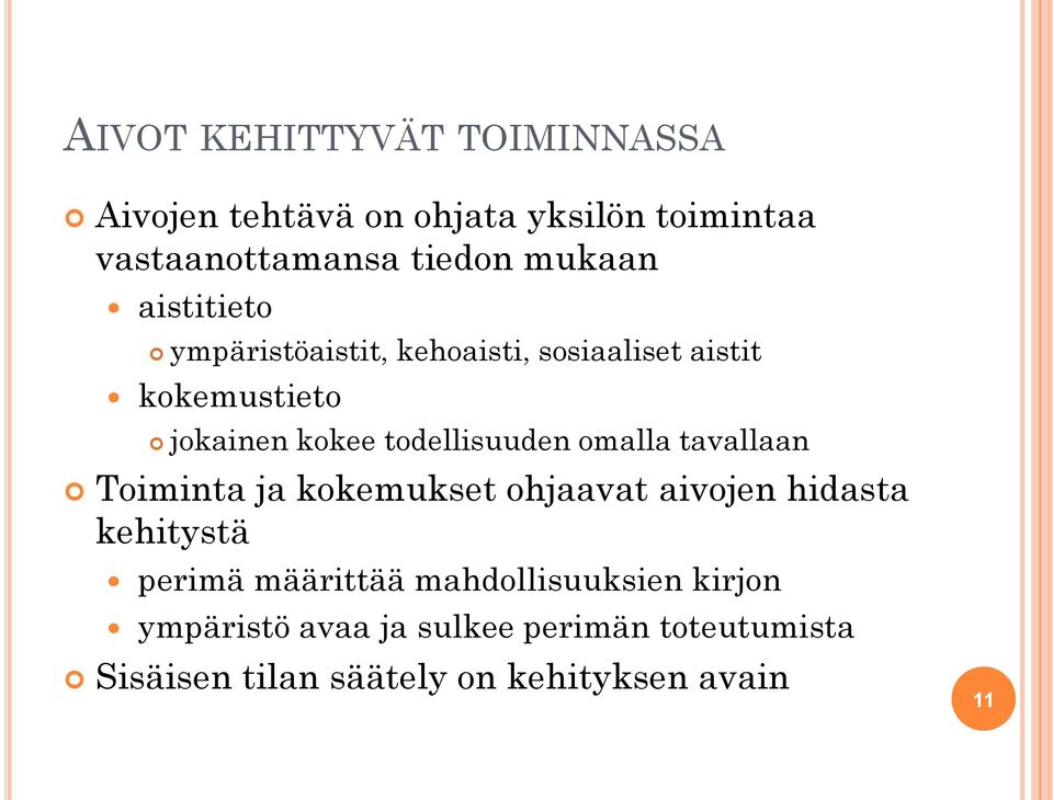 todellisuuden omalla tavallaan Toiminta ja kokemukset ohjaavat aivojen hidasta kehitystä perimä
