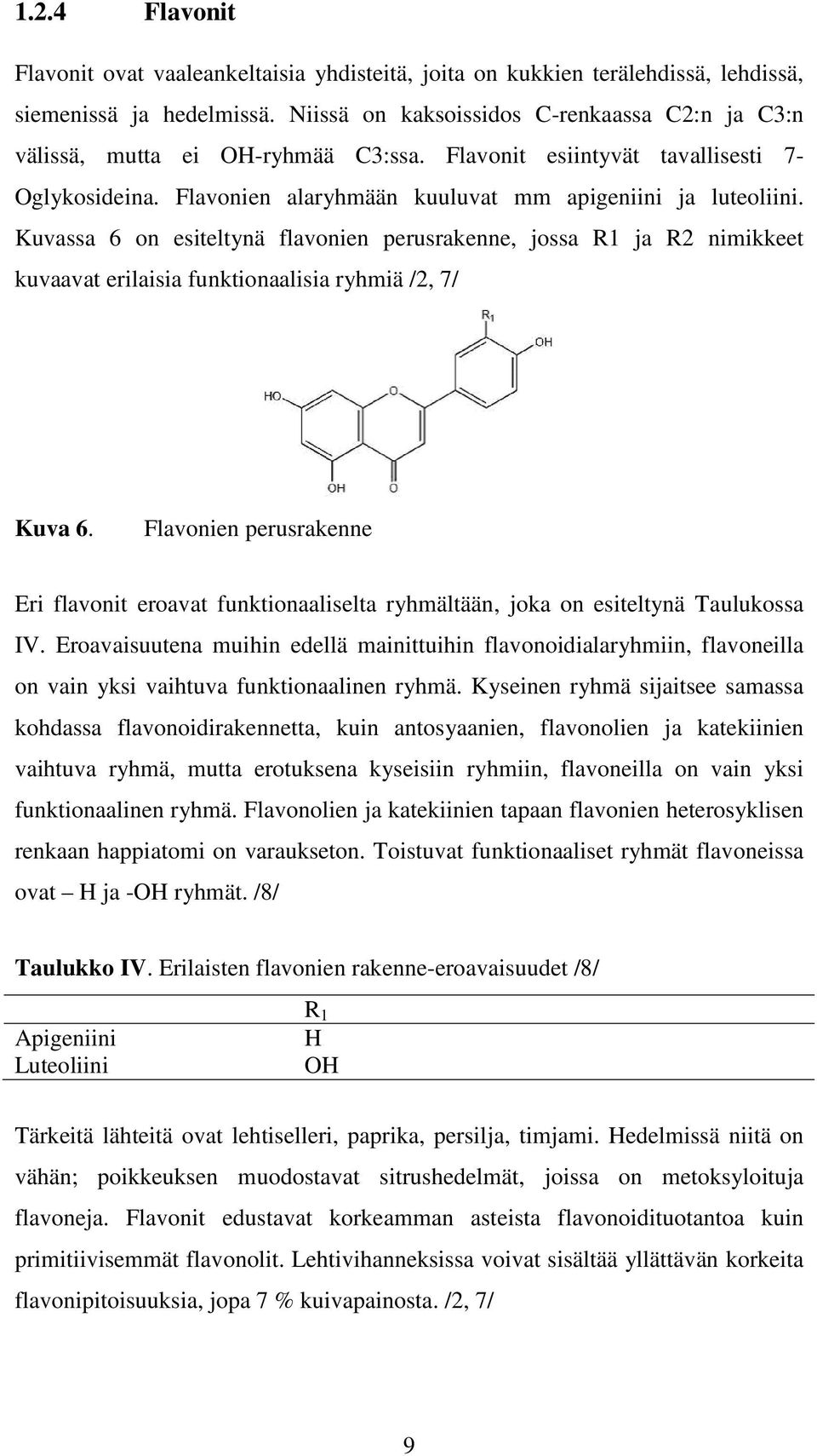 Kuvassa 6 on esiteltynä flavonien perusrakenne, jossa R1 ja R2 nimikkeet kuvaavat erilaisia funktionaalisia ryhmiä /2, 7/ Kuva 6.