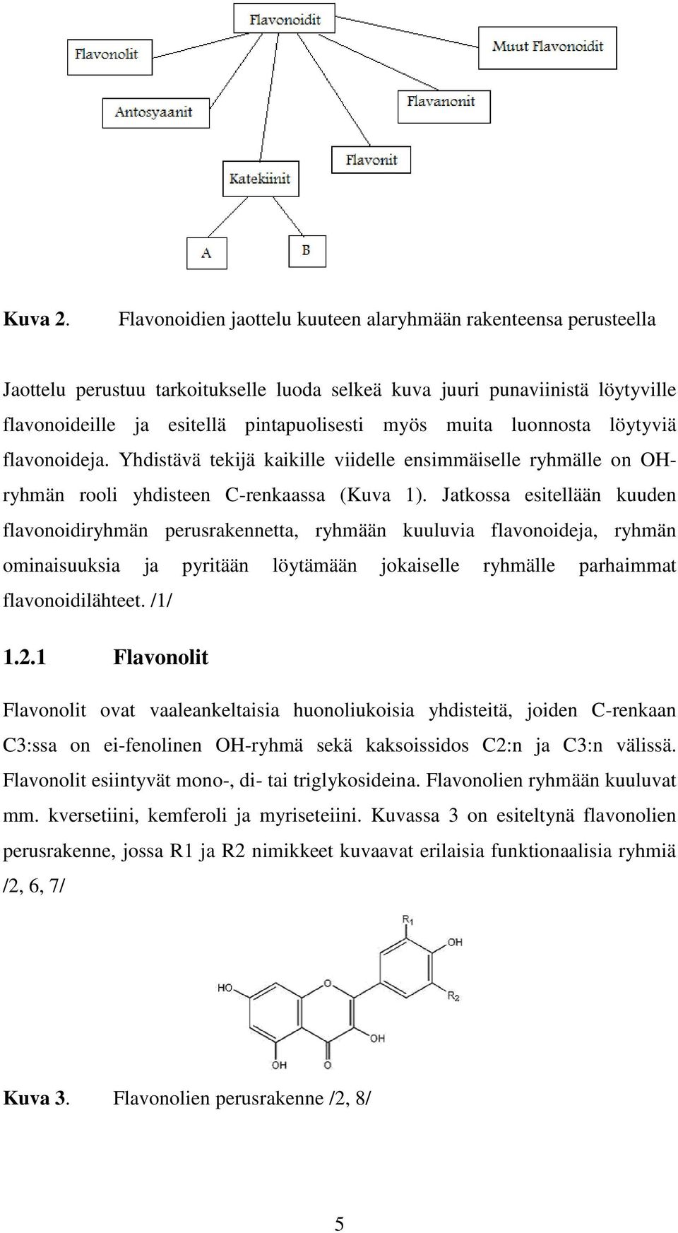 luonnosta löytyviä flavonoideja. Yhdistävä tekijä kaikille viidelle ensimmäiselle ryhmälle on OHryhmän rooli yhdisteen C-renkaassa (Kuva 1).