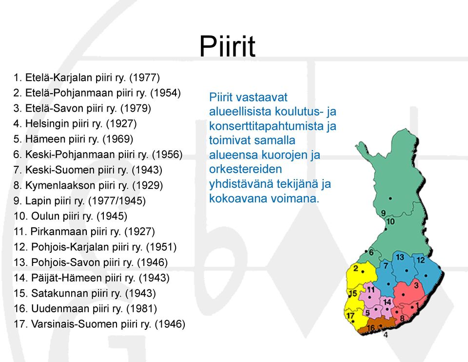 (1927) 12. Pohjois-Karjalan piiri ry. (1951) 13. Pohjois-Savon piiri ry. (1946) 14. Päijät-Hämeen piiri ry. (1943) 15. Satakunnan piiri ry. (1943) 16. Uudenmaan piiri ry. (1981) 17.