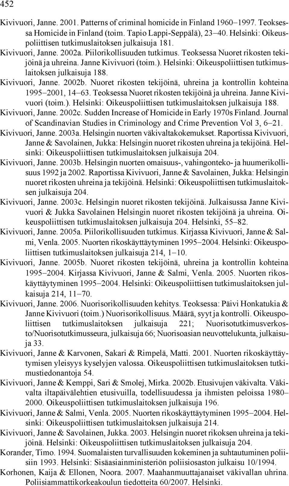 Helsinki: Oikeuspoliittisen tutkimuslaitoksen julkaisuja 188. Kivivuori, Janne. 2002b. Nuoret rikosten tekijöinä, uhreina ja kontrollin kohteina 1995 2001, 14 63.