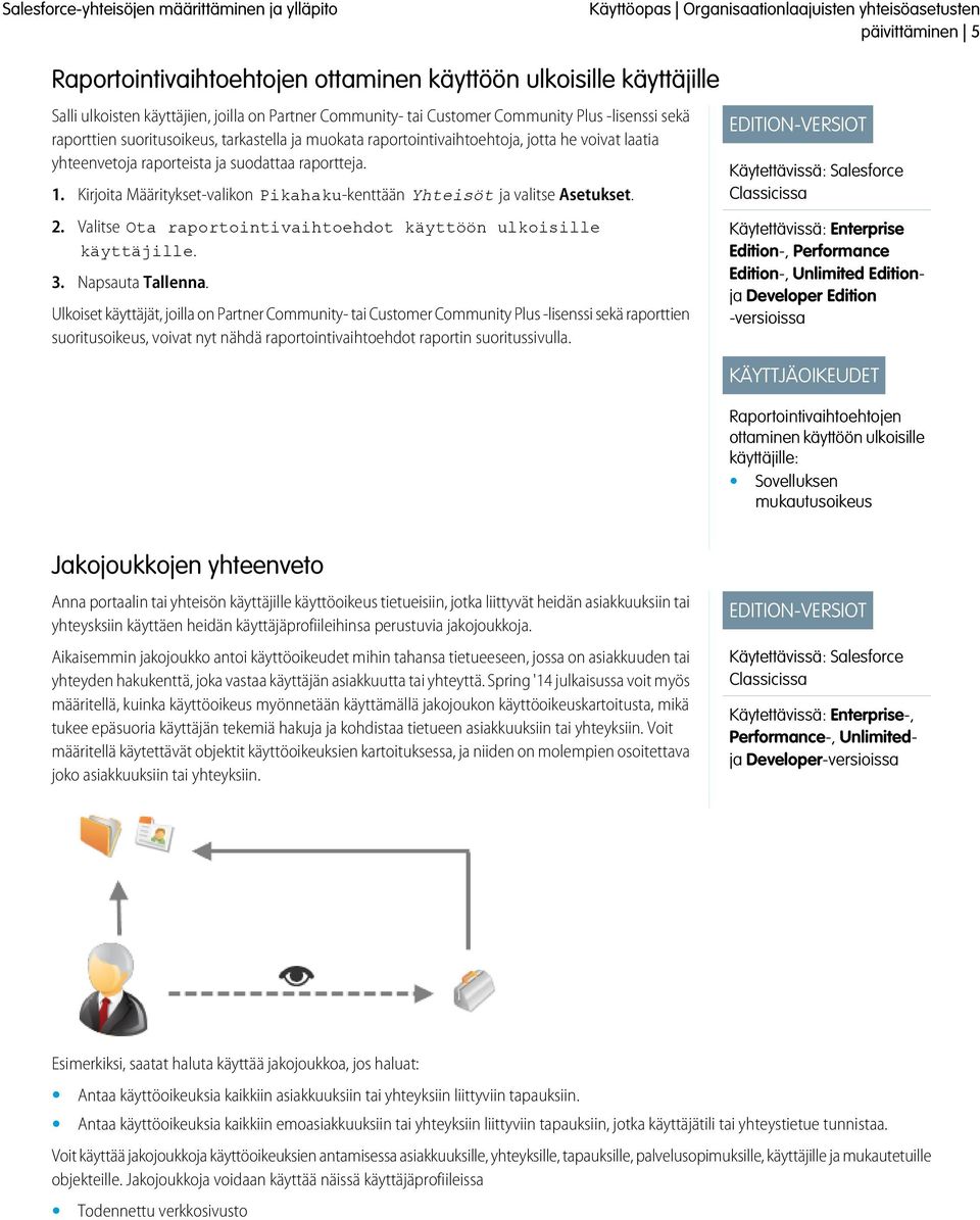 Kirjoita Määritykset-valikon Pikahaku-kenttään Yhteisöt ja valitse Asetukset. 2. Valitse Ota raportointivaihtoehdot käyttöön ulkoisille käyttäjille. 3. Napsauta Tallenna.