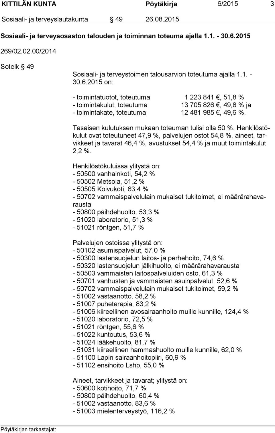 2015 on: - toimintatuotot, toteutuma 1 223 841, 51,8 % - toimintakulut, toteutuma 13 705 826, 49,8 % ja - toimintakate, toteutuma 12 481 985, 49,6 %.