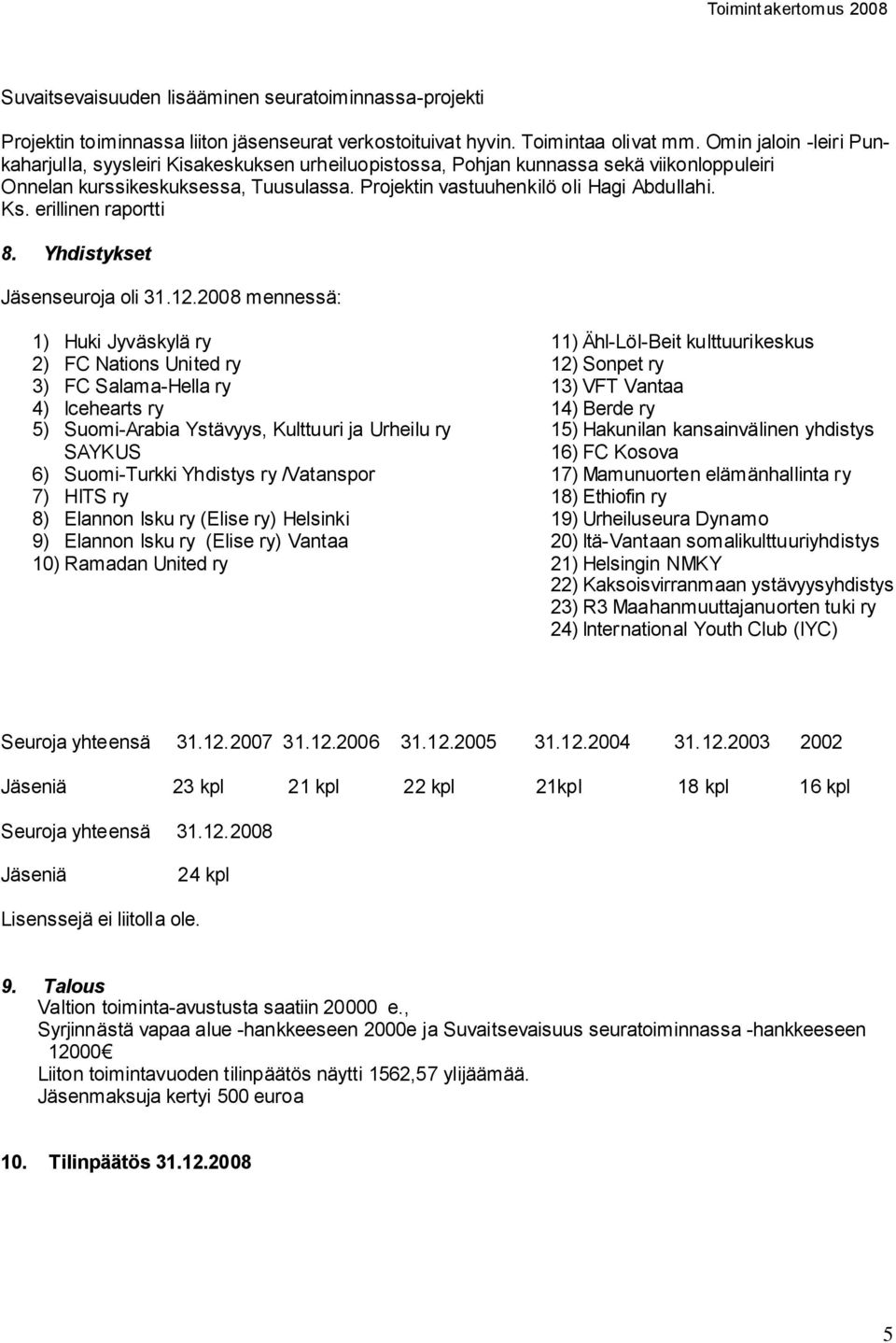 erillinen raportti 8. Yhdistykset Jäsenseuroja oli 31.12.