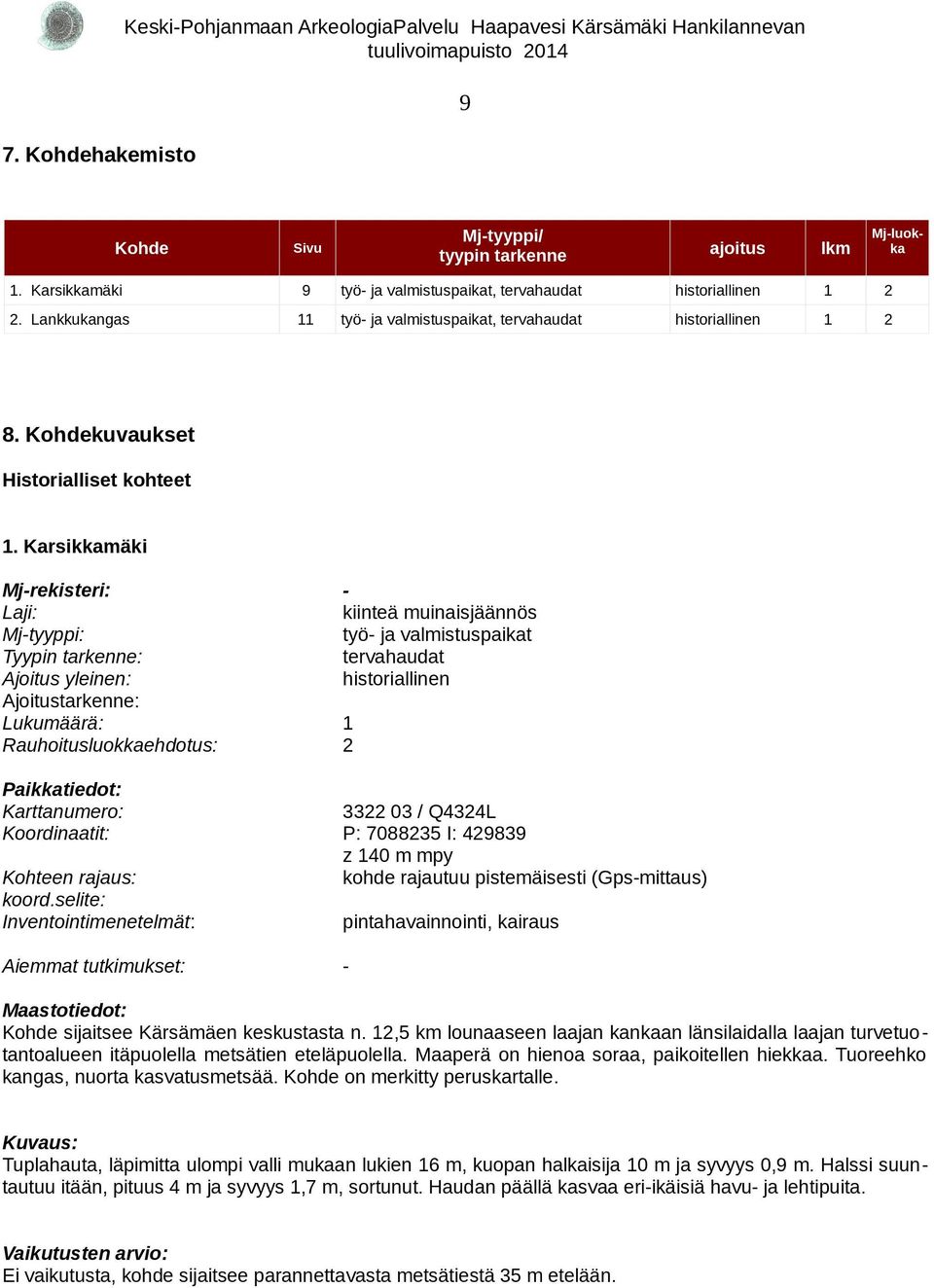 Karsikkamäki Mj-rekisteri: Laji: Mj-tyyppi: Tyypin tarkenne: Ajoitus yleinen: Ajoitustarkenne: Lukumäärä: Rauhoitusluokkaehdotus: Paikkatiedot: Karttanumero: Koordinaatit: Kohteen rajaus: koord.