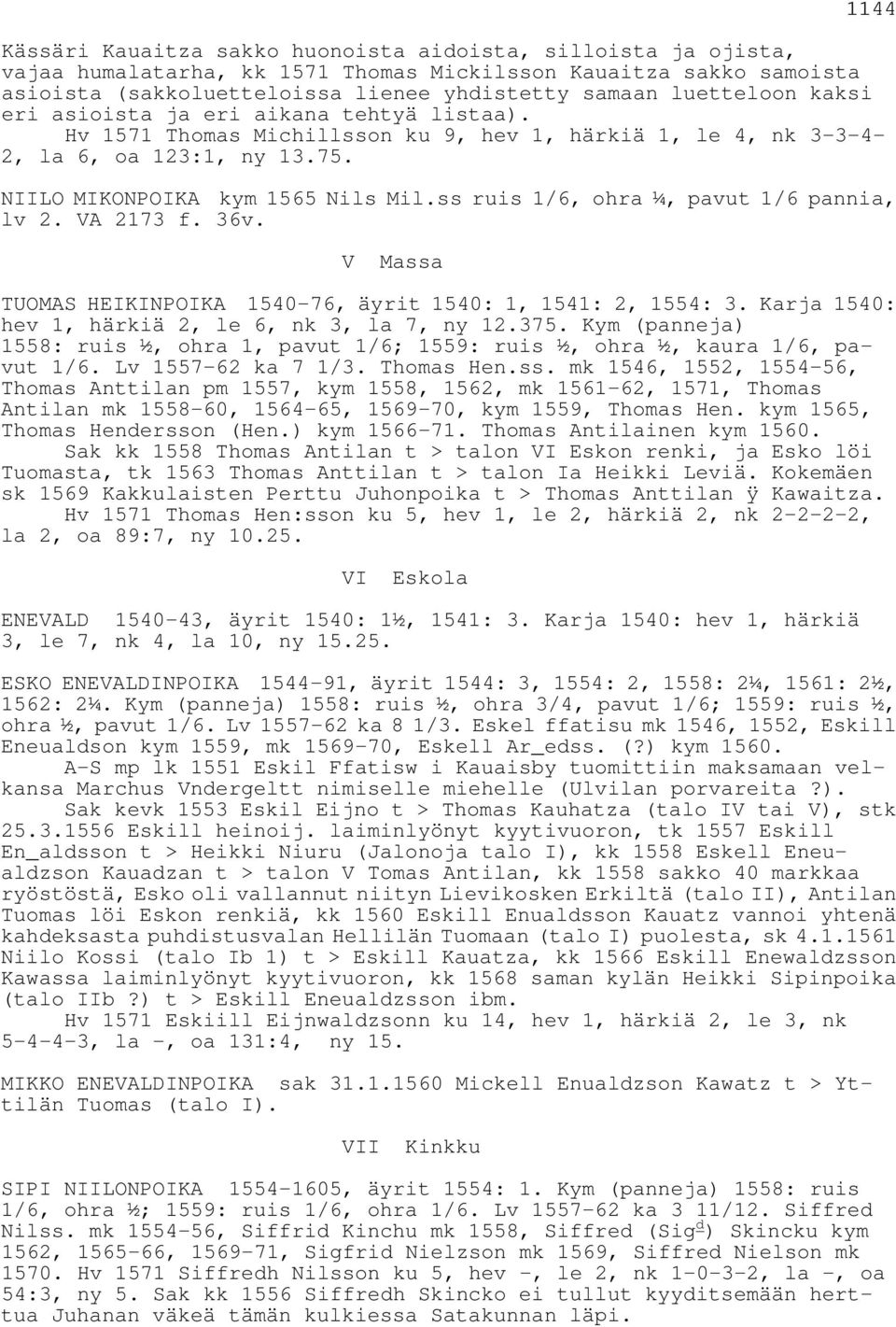 ss ruis 1/6, ohra ¼, pavut 1/6 pannia, lv 2. VA 2173 f. 36v. V Massa TUOMAS HEIKINPOIKA 1540-76, äyrit 1540: 1, 1541: 2, 1554: 3. Karja 1540: hev 1, härkiä 2, le 6, nk 3, la 7, ny 12.375.