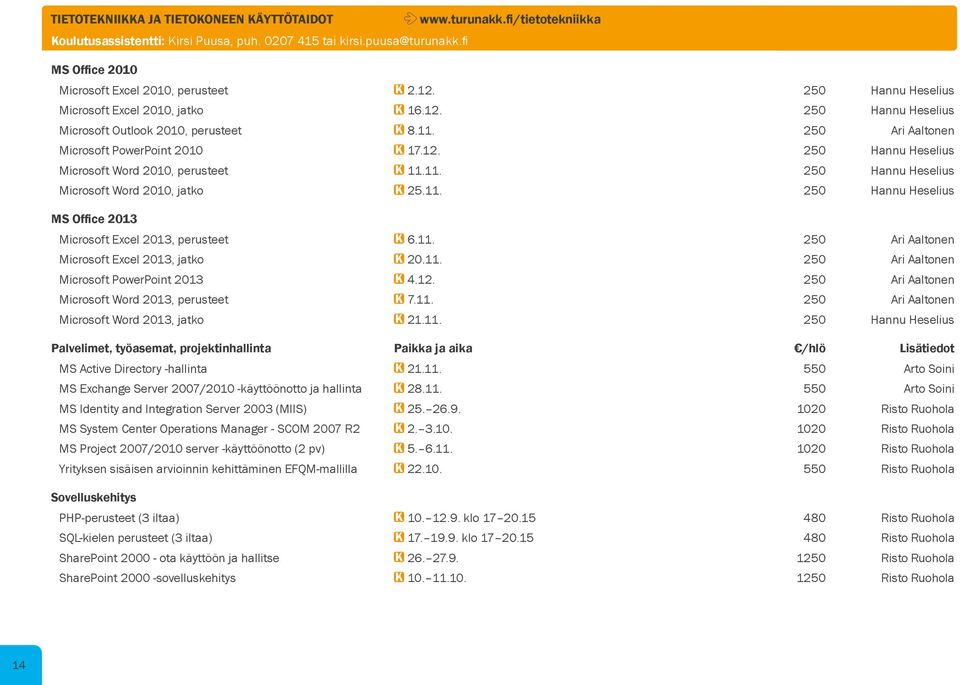 250 Ari Aaltonen Microsoft PowerPoint 2010 K 17.12. 250 Hannu Heselius Microsoft Word 2010, perusteet K 11.11. 250 Hannu Heselius Microsoft Word 2010, jatko K 25.11. 250 Hannu Heselius MS Office 2013 Microsoft Excel 2013, perusteet K 6.