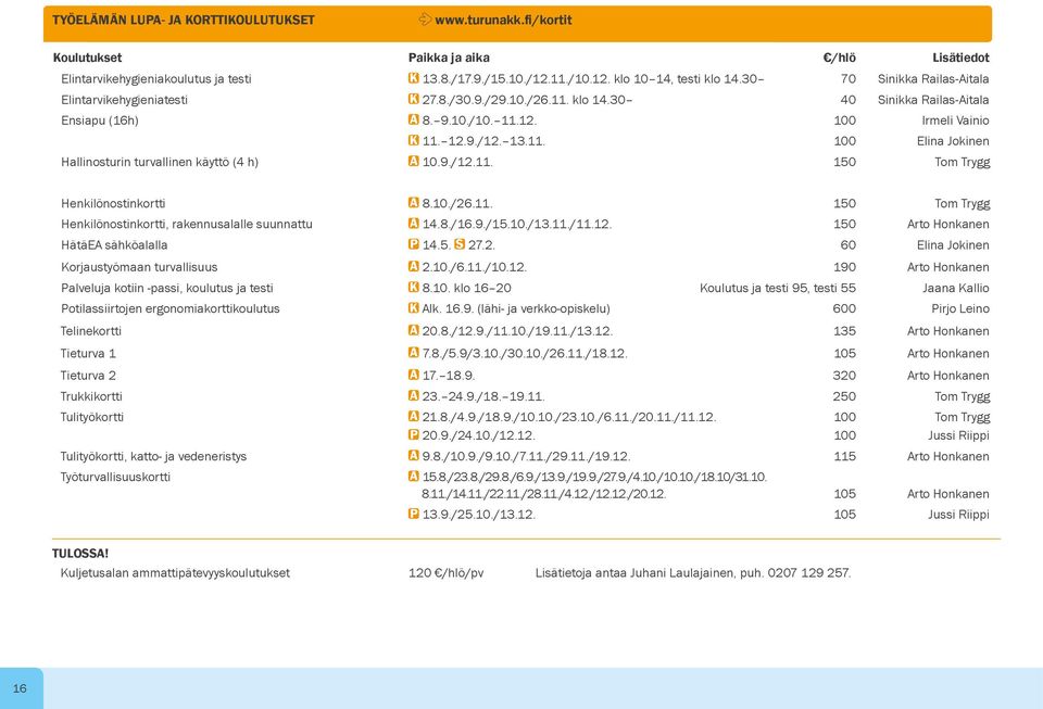 9./12.11. 150 Tom Trygg Henkilönostinkortti A 8.10./26.11. 150 Tom Trygg Henkilönostinkortti, rakennusalalle suunnattu A 14.8./16.9./15.10./13.11./11.12. 150 Arto Honkanen HätäEA sähköalalla P 14.5. S 27.