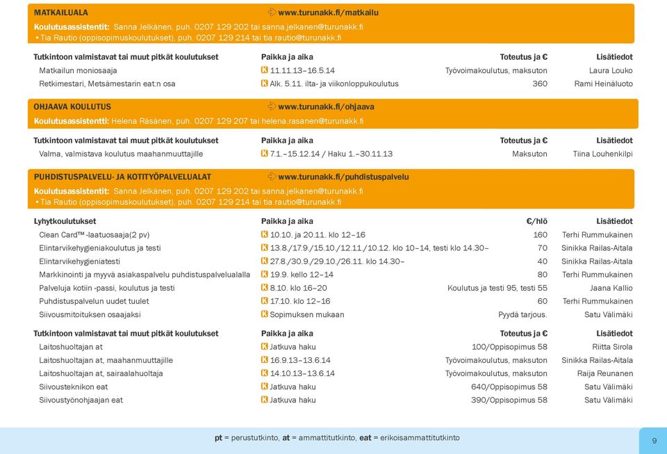 14 Työvoimakoulutus, maksuton Laura Louko Retkimestari, Metsämestarin eat:n osa K Alk. 5.11. ilta- ja viikonloppukoulutus 360 Rami Heinäluoto OHJAAVA KOULUTUS www.turunakk.