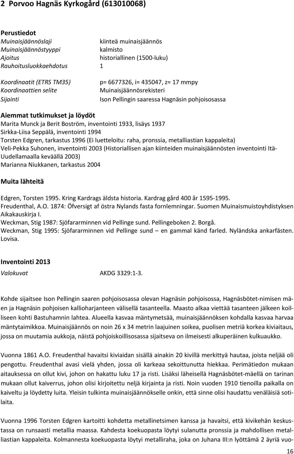 Boström, inventointi 1933, lisäys 1937 Sirkka Liisa Seppälä, inventointi 1994 Torsten Edgren, tarkastus 1996 (Ei luetteloitu: raha, pronssia, metalliastian kappaleita) Veli Pekka Suhonen, inventointi