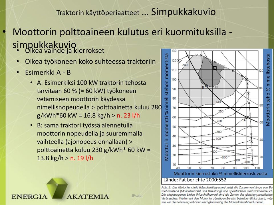 vetämiseen moottorin käydessä nimellisnopeudella > polttoainetta kuluu 280 g/kwh*60 kw = 16.8 kg/h > n.