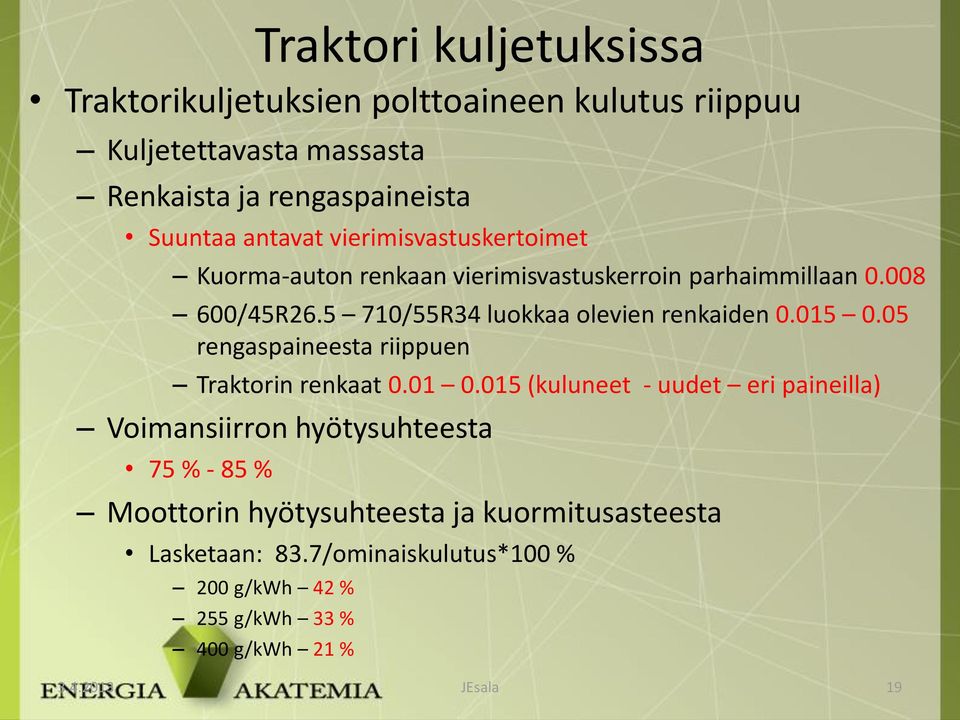 5 710/55R34 luokkaa olevien renkaiden 0.015 0.05 rengaspaineesta riippuen Traktorin renkaat 0.01 0.