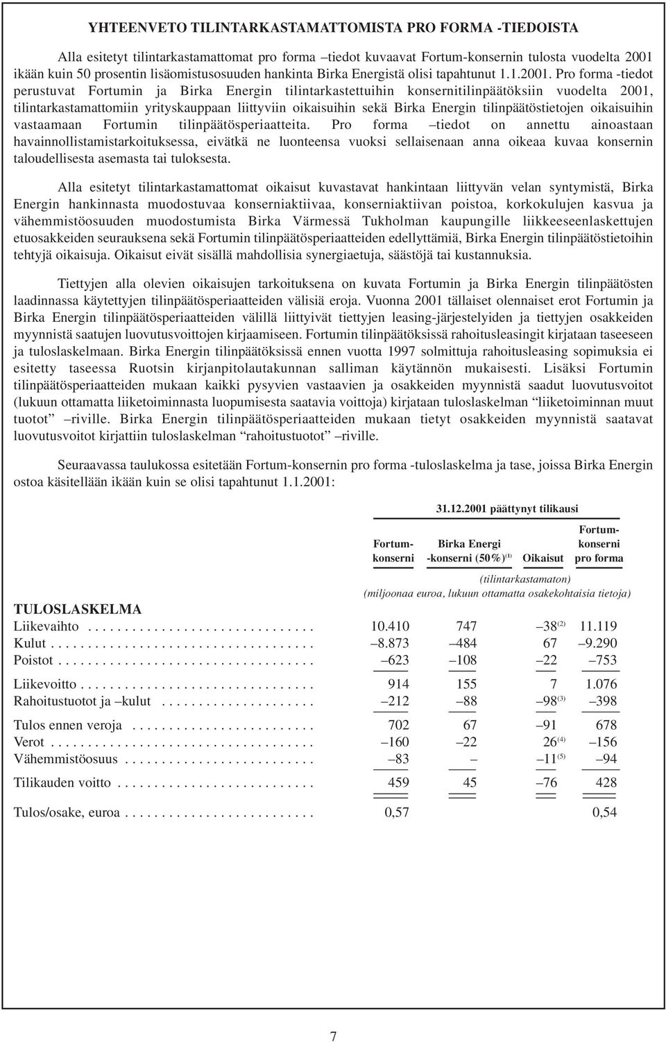 Pro forma -tiedot perustuvat Fortumin ja Birka Energin tilintarkastettuihin konsernitilinpäätöksiin vuodelta 2001, tilintarkastamattomiin yrityskauppaan liittyviin oikaisuihin sekä Birka Energin