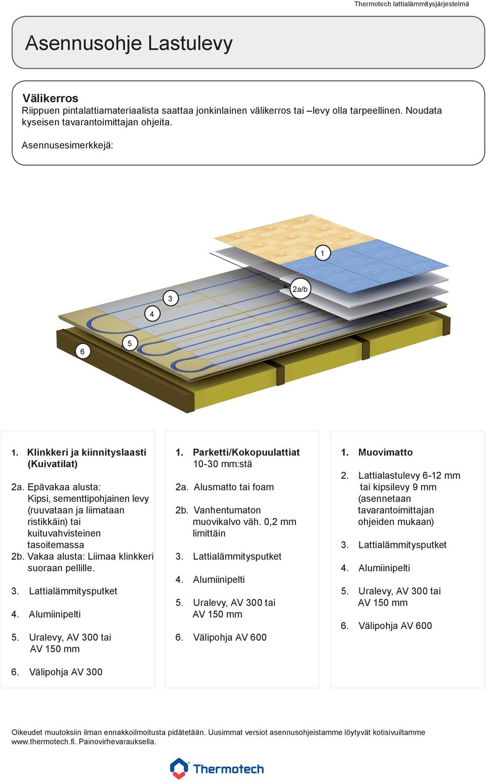 Vakaa alusta: Liimaa klinkkeri suoraan pellille. 3. Lattialämmitysputket 4. Alumiinipelti 5. Uralevy, AV 300 tai 6. Välipohja AV 300 1. Parketti/Kokopuulattiat 10-30 mm:stä 2a. Alusmatto tai foam 2b.